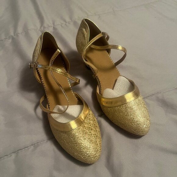 Women Size 8.5 Golden Sparkly Metallic Latin Dance Heel Shoes with Cross Strap - Picture 3 of 8